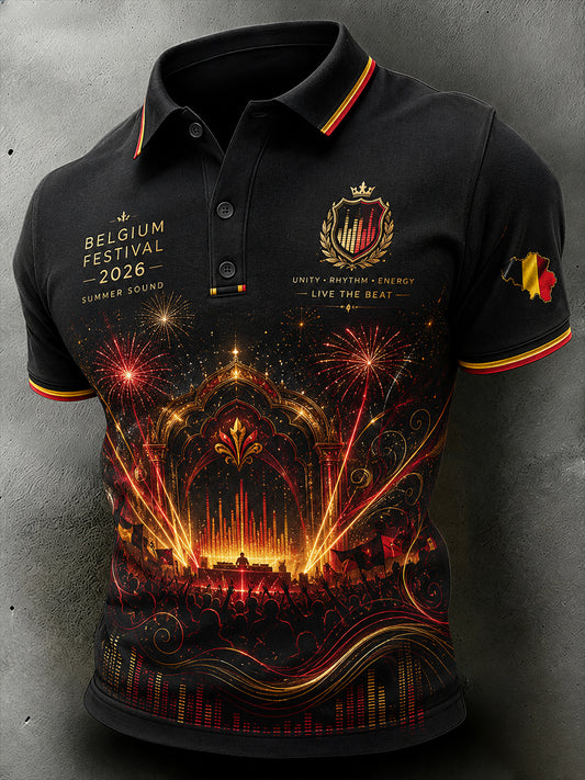 Mannenmuziekfestivalprint poloshirt met korte mouwen