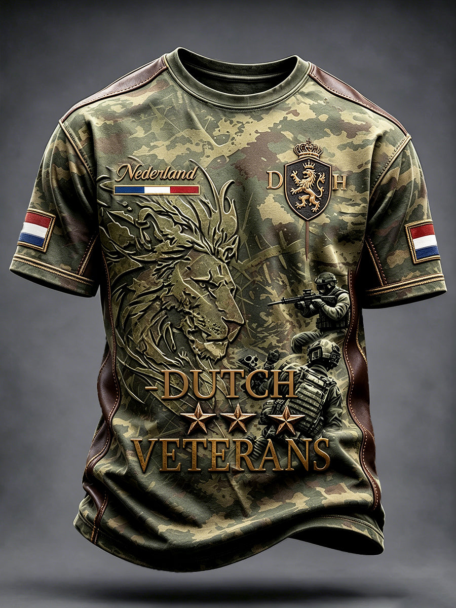 Heren T-shirt in vintage camouflagestijl met Nederlandse veteraanprint en patchwork-ontwerp, casual