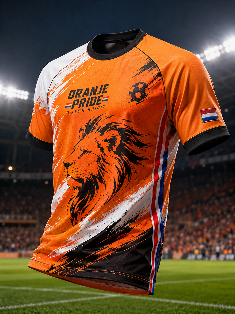 Heren-T-shirt met korte mouwen en raglanmouwen, voorzien van een print met leeuw en voetbalthema