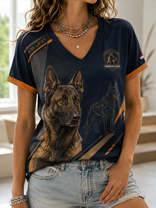 Dames V-hals T-shirt met korte mouwen met politiehond grafische print