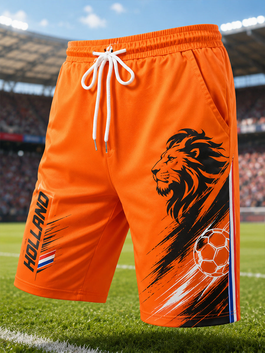 Korte broek met leeuwen en voetbalthema voor heren