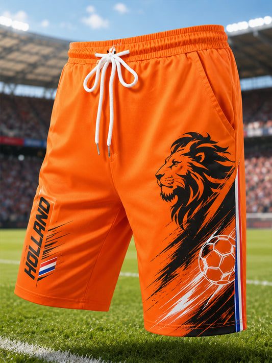 Korte broek met leeuwen en voetbalthema voor heren
