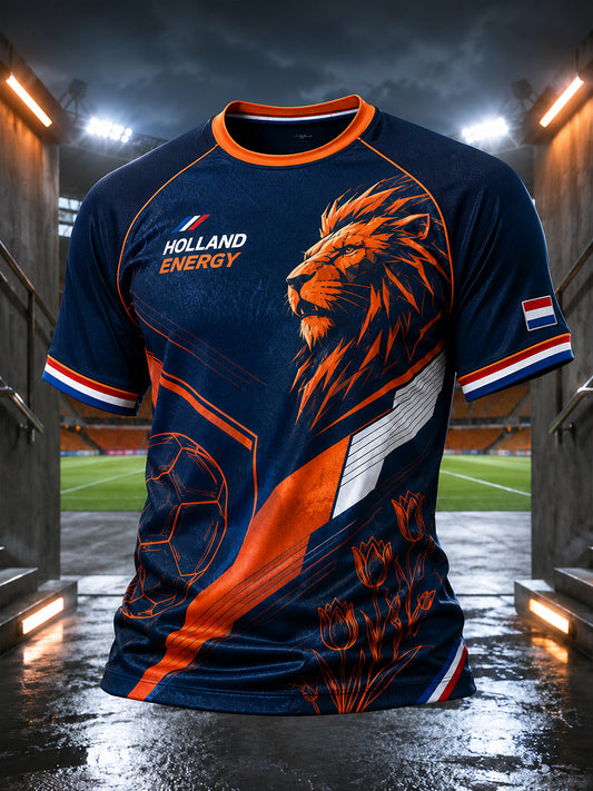 Heren korte mouw Raglan T-shirt met leeuw en voetbal-thema print