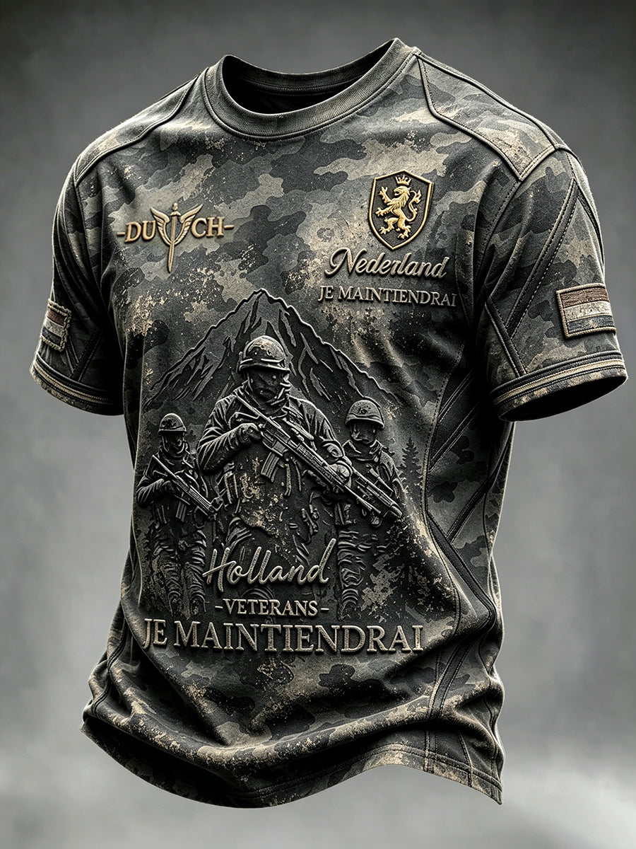 Heren T-shirt in retrocamouflagestijl met militair veterantekstiel en opdruk, casual