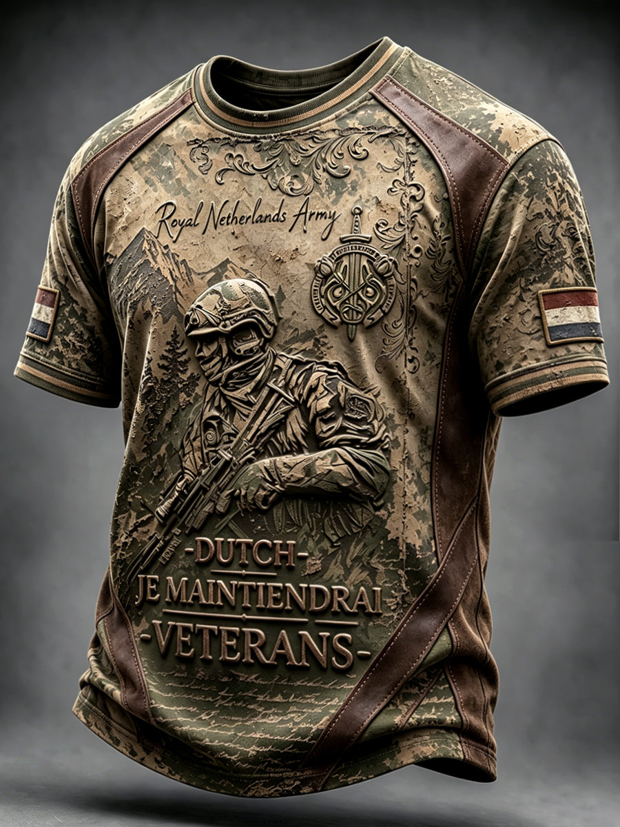 Heren T-shirt in vintagestijl met versleten effect en Nederlandse militaire veteraandessin, casual