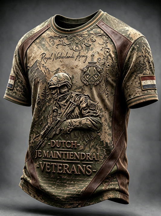 Heren T-shirt in vintagestijl met versleten effect en Nederlandse militaire veteraandessin, casual