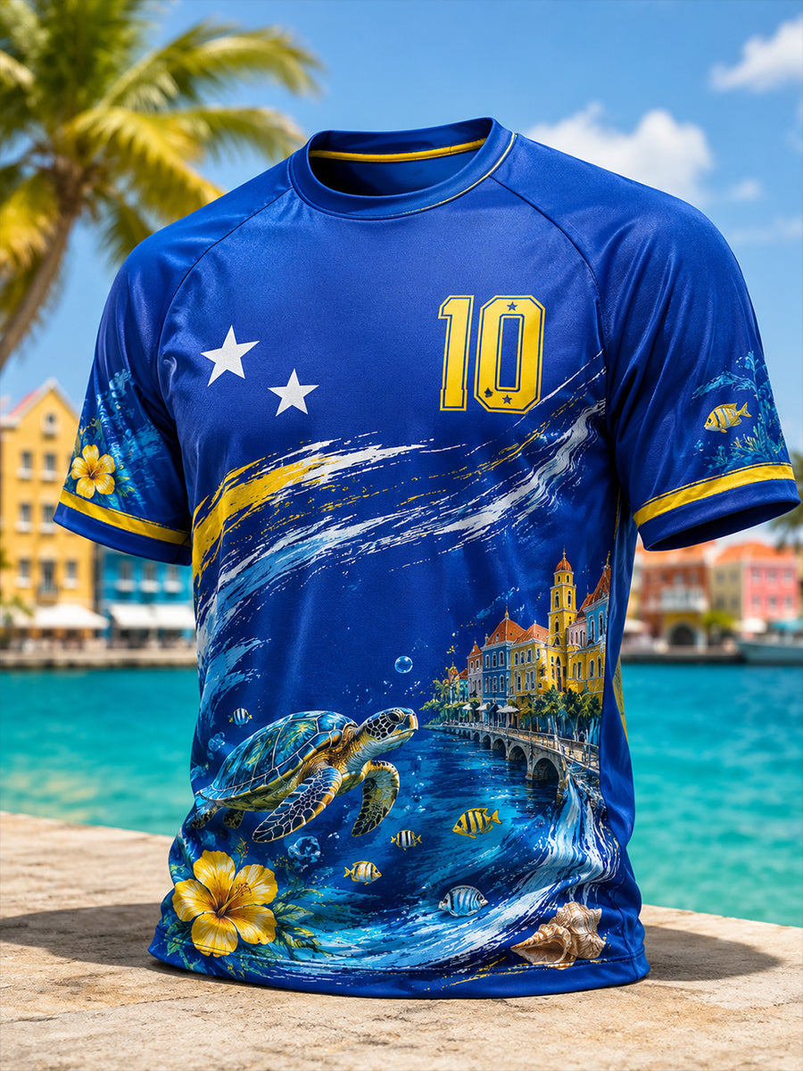Heren-t-shirt in eilandstijl met voetbalprint, raglanmouwen en korte mouwen