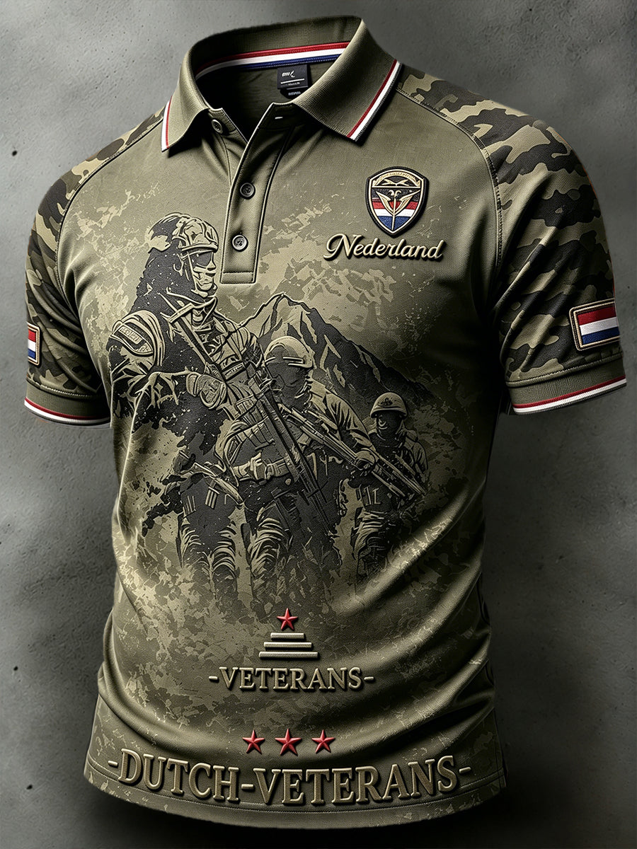 Nederlandse veteranen camouflage patchwork print casual poloshirt voor heren