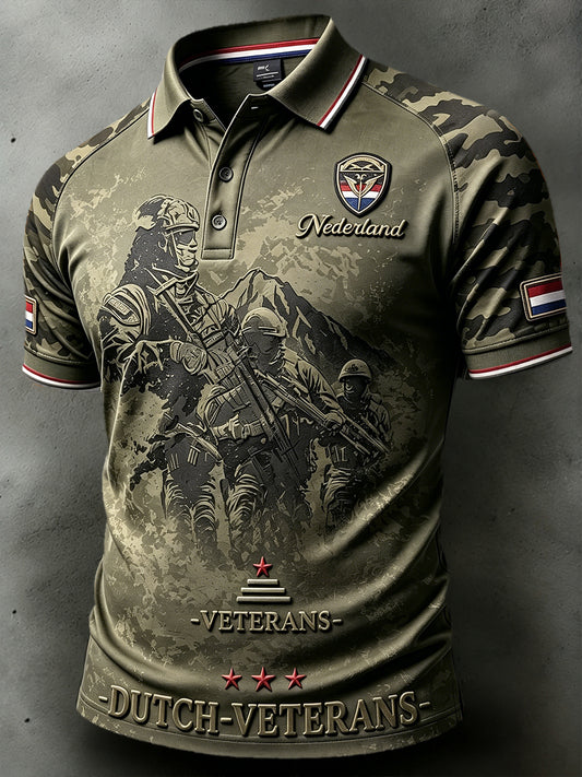 Nederlandse veteranen camouflage patchwork print casual poloshirt voor heren