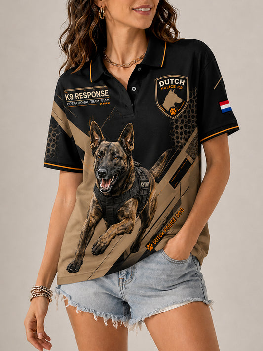 Damespoloshirt met korte mouwen en grafische print met politiehondmotief