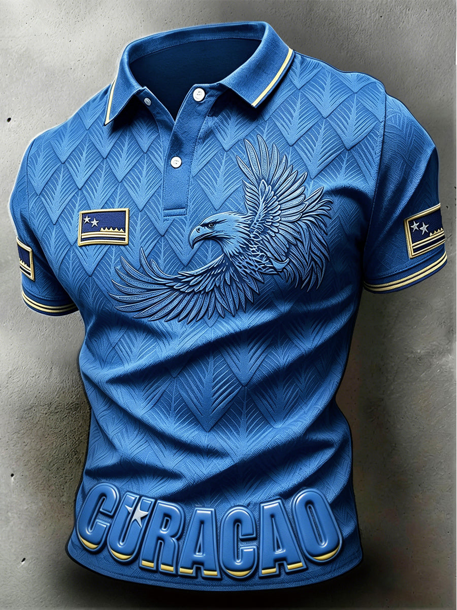 Herenblauw Curaçao Voetbal Eagles Print Casual Poloshirt