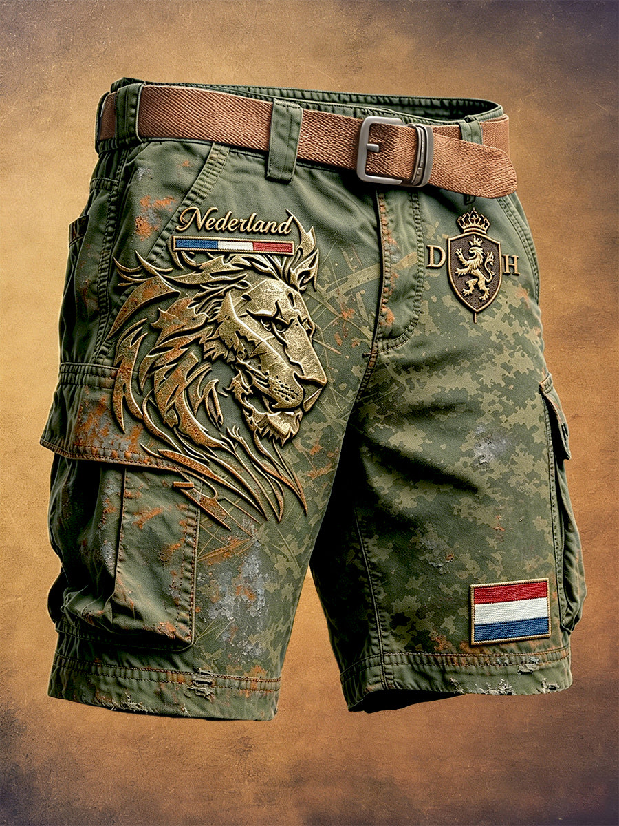 Herenvintage Nederlandse veteraan leeuwprint casual werkshorts