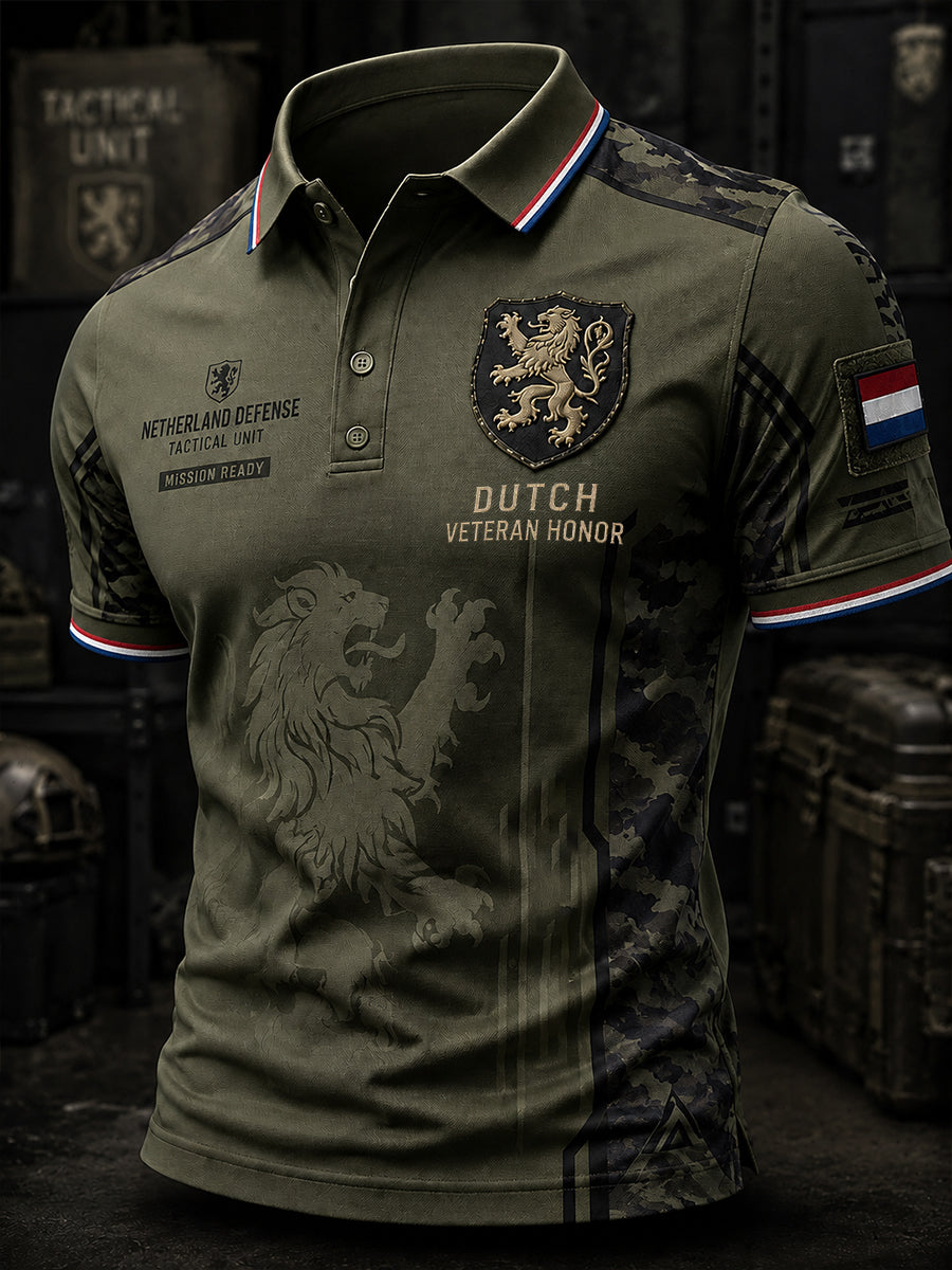 Herenpoloshirt met korte mouwen, vintagecamouflage en militaire prints