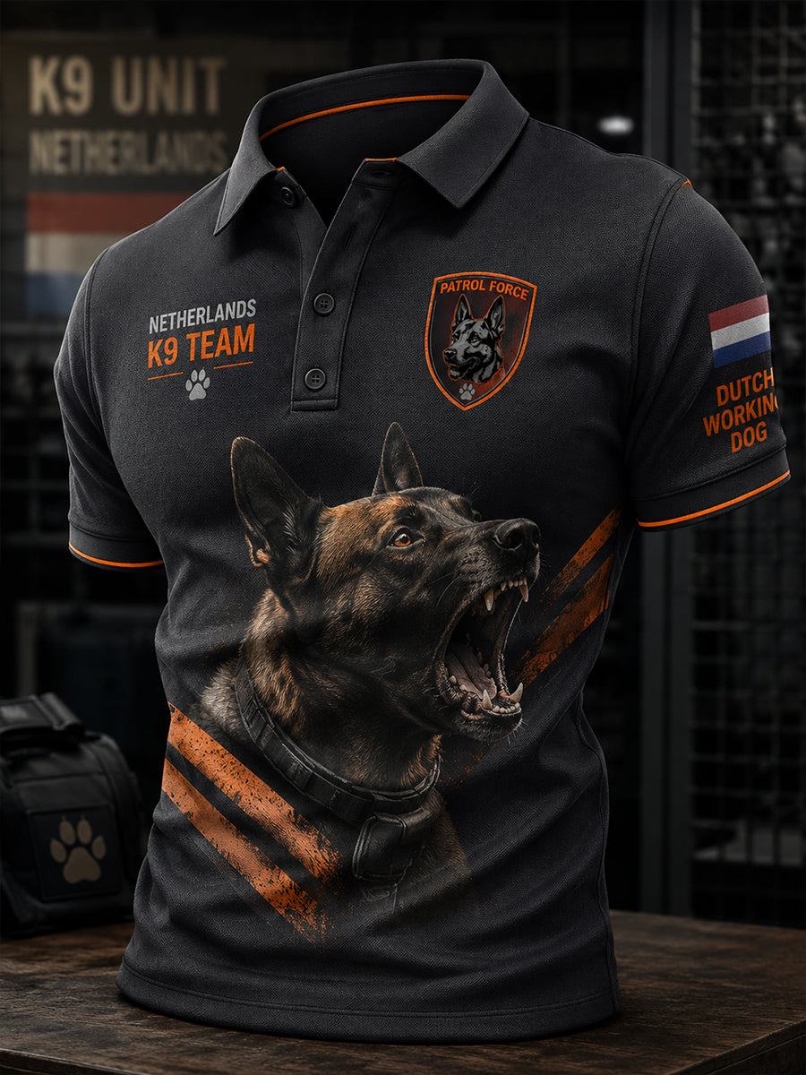 Herenpoloshirt met korte mouwen en afbeelding van een politiehond