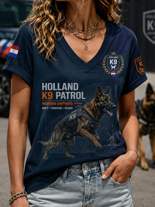 Dames V-hals top met politiehond grafische print