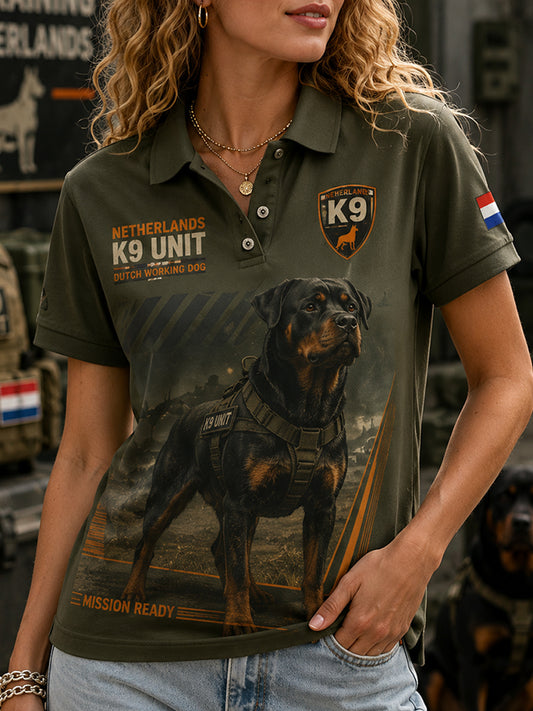 Damespoloshirt met korte mouwen en grafische print met politiehondmotief