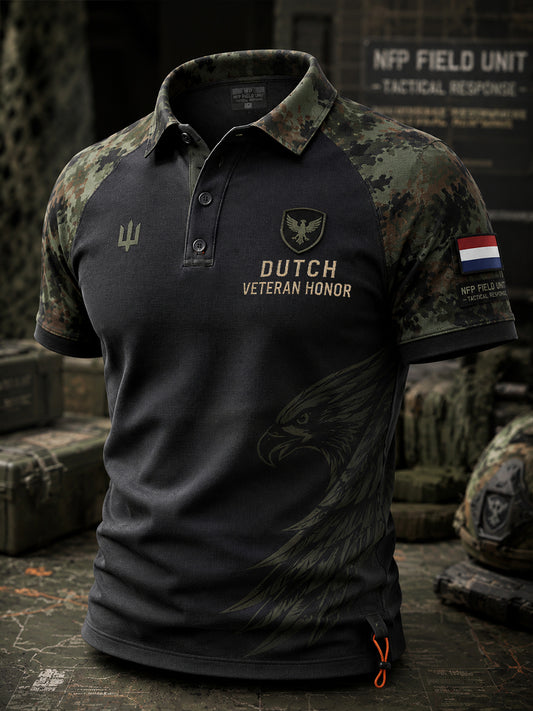 Herenpoloshirt met korte mouwen, vintagecamouflage en militaire prints