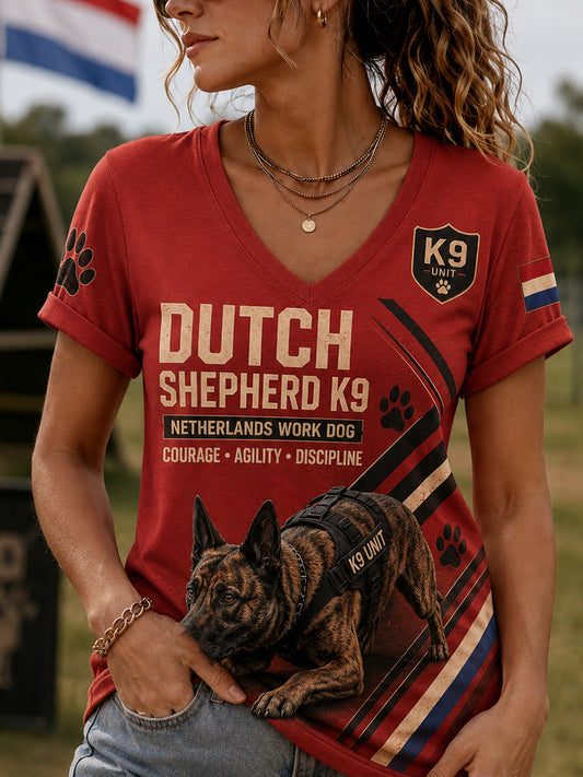 Damesshirt met V-hals en afbeelding van een politiehond