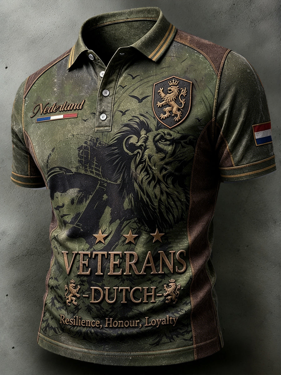 Casual poloshirt voor heren met patchwork en Nederlandse veteranenprint