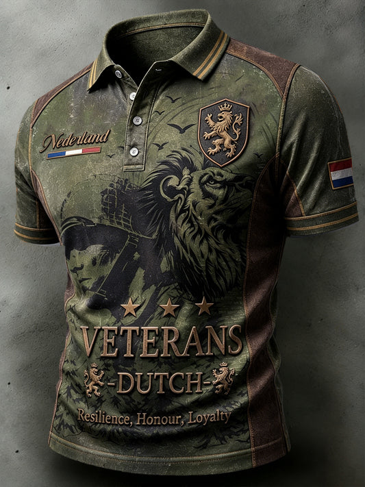 Casual poloshirt voor heren met patchwork en Nederlandse veteranenprint