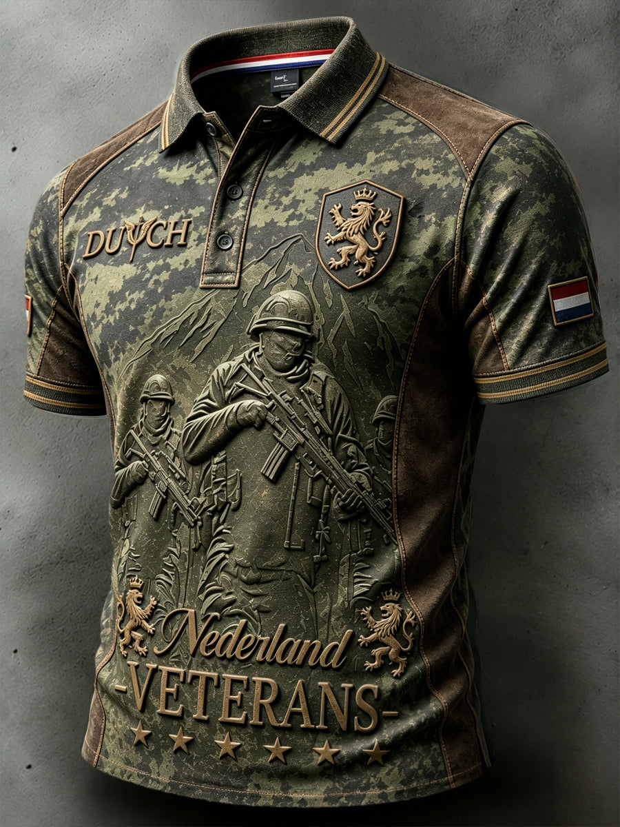 Herenpolo in casual patchworkstijl, 3D-geprint, voor Nederlandse veteranen en gepensioneerden