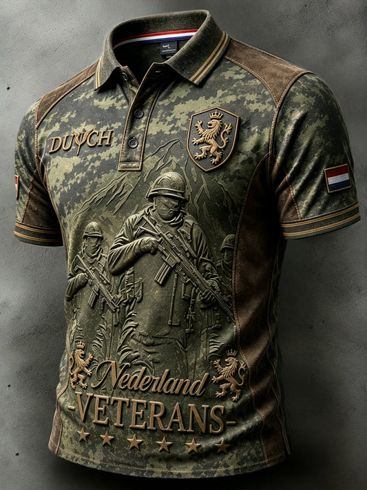 Herenpolo in casual patchworkstijl, 3D-geprint, voor Nederlandse veteranen en gepensioneerden