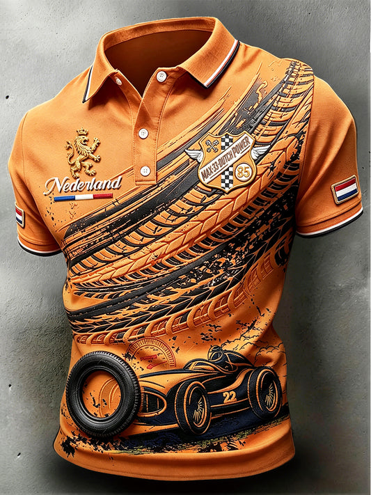 Herenpolo met patchworkprint voor dagelijks gebruik, Nederlands racethema Zandvoort