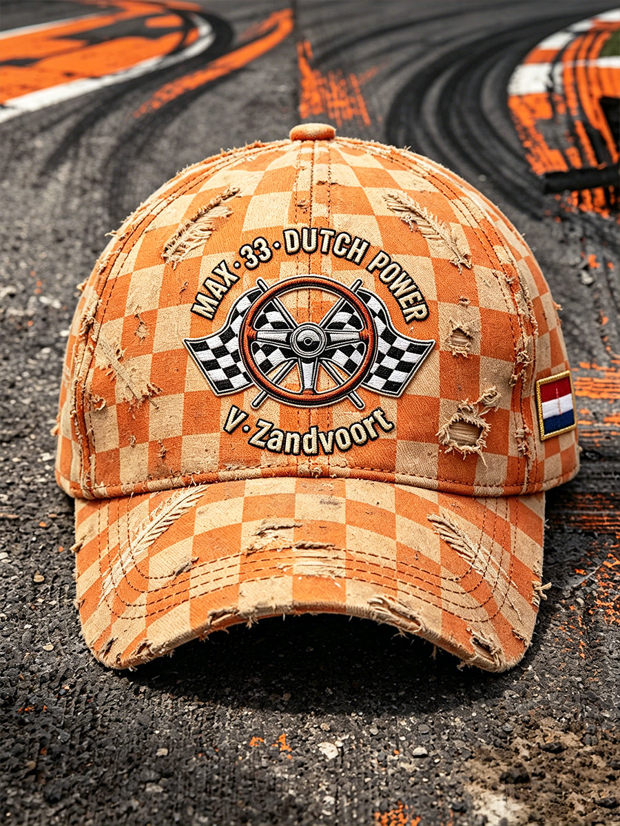 Oranje geruite retro Nederlandse racepet met Zandvoort-print