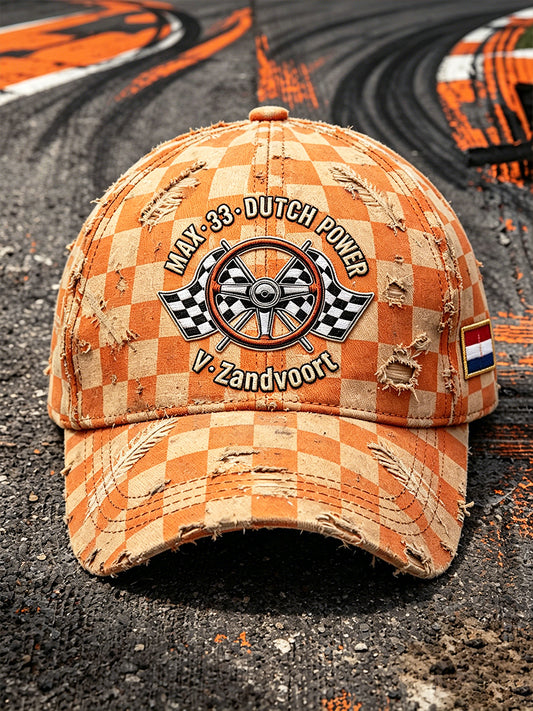 Oranje geruite retro Nederlandse racepet met Zandvoort-print