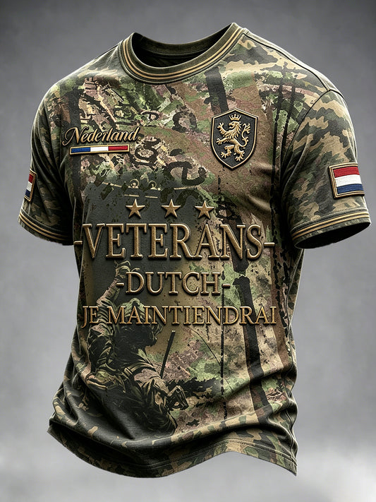 Herenshirt in vintagestijl met Nederlandse veteranen‑ en camouflageprint, patchwork en casual snit