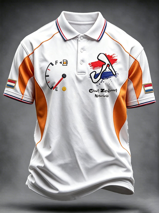 Herenpolo met patchworkprint voor de Nederlandse Grand Prix van 2026 in Zandvoort, casual stijl