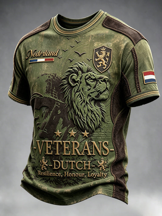 Herenshirt in vintage patchworkstijl met Nederlandse veteraanleeuwprint, casual t-shirt