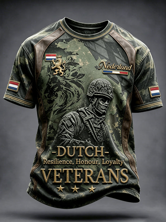 Casual t-shirt voor heren met patchworkprint en Nederlands veteranenmotief