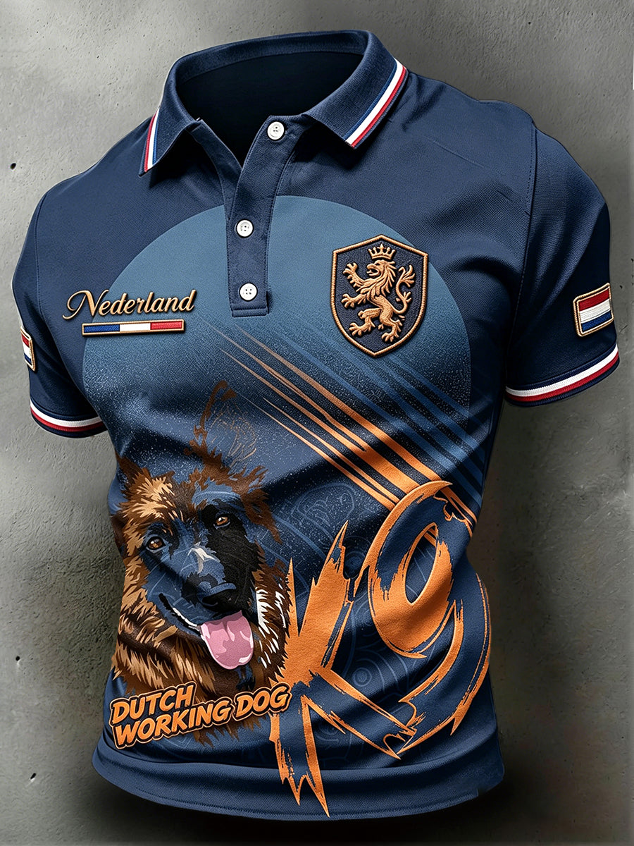 Donkerblauw Nederlandse veteraan werkkleding hond-print casual poloshirt