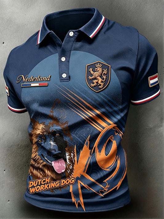 Donkerblauw Nederlandse veteraan werkkleding hond-print casual poloshirt