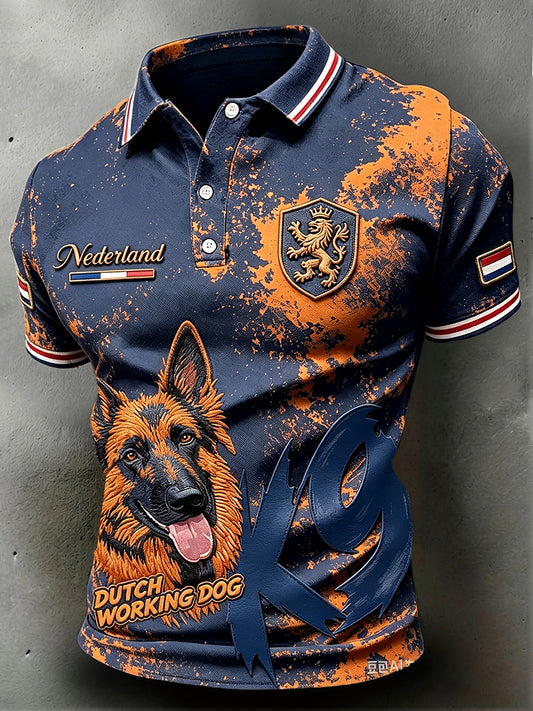 Donkerblauw Nederlands Veteraan Werkkleding Hond Graffiti Print Casual Poloshirt