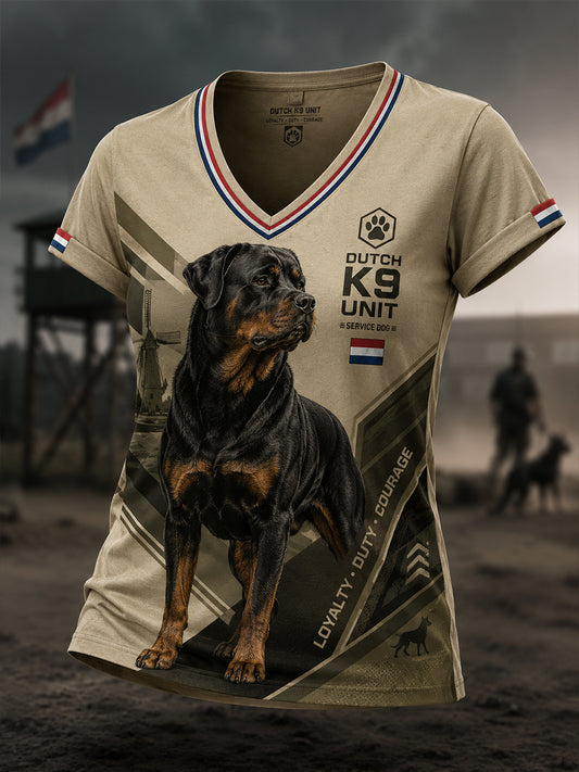 Dames-T-shirt met V-hals en korte mouwen, voorzien van een grafische print van een politiehond