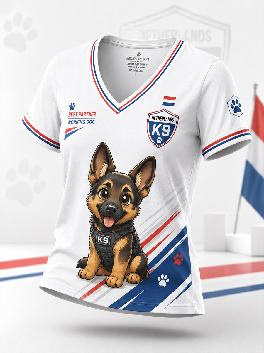 Dames-T-shirt met V-hals en korte mouwen, voorzien van een grafische print van een politiehond