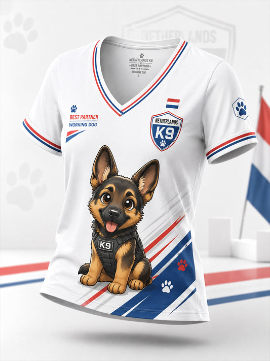 Dames-T-shirt met V-hals en korte mouwen, voorzien van een grafische print van een politiehond
