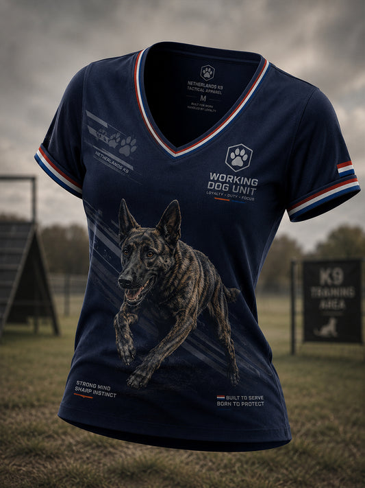 Dames-T-shirt met V-hals en korte mouwen, voorzien van een grafische print van een politiehond