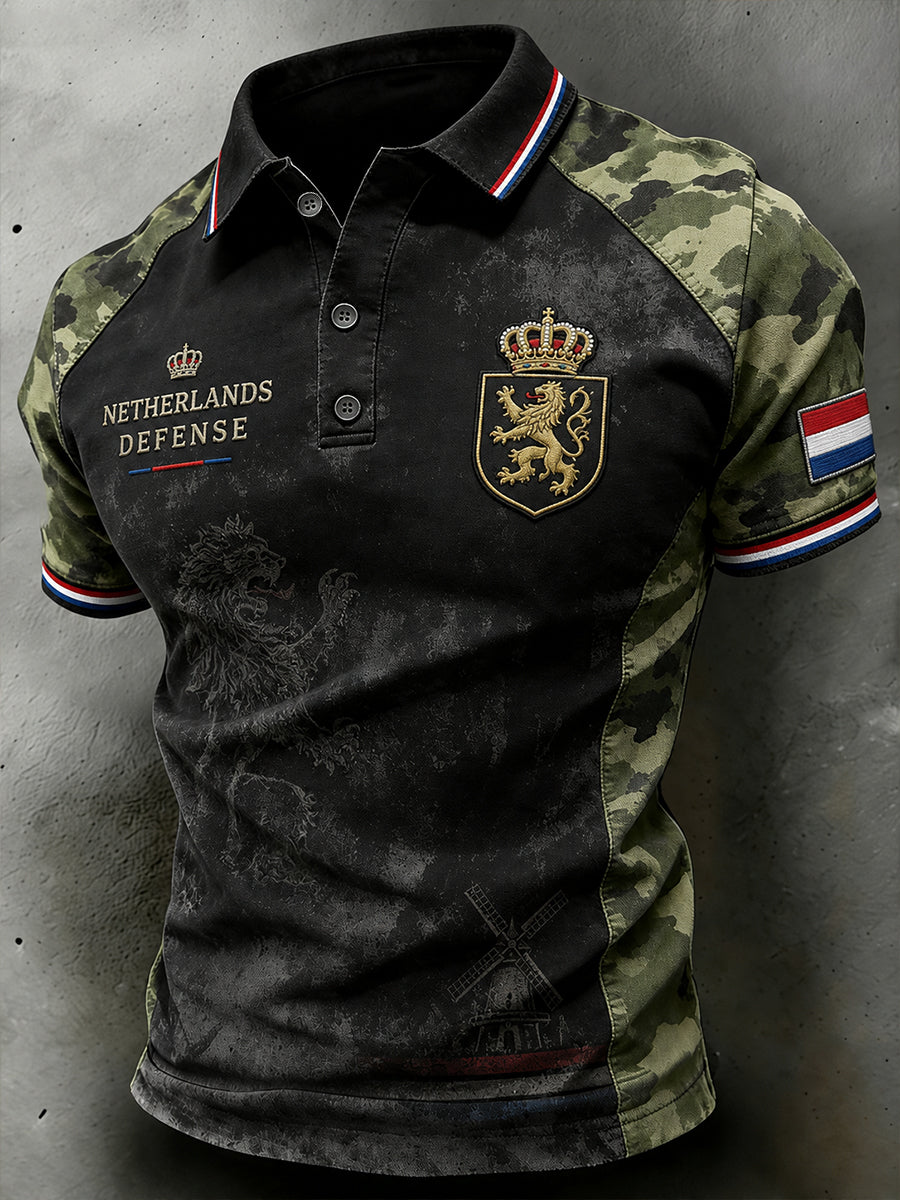 Herenpoloshirt met korte mouwen en vintageprint in militaire stijl