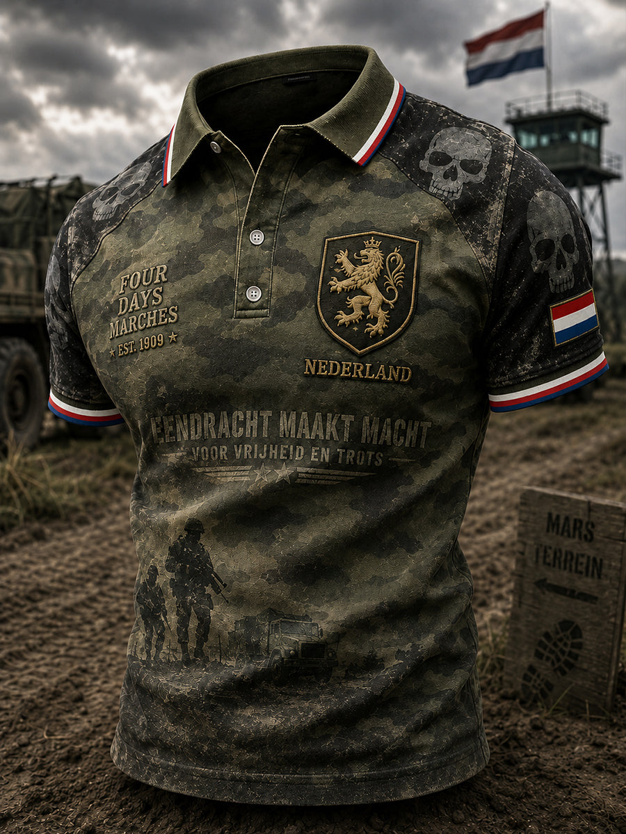 Herenpoloshirt met korte mouwen en vintageprint in militaire stijl