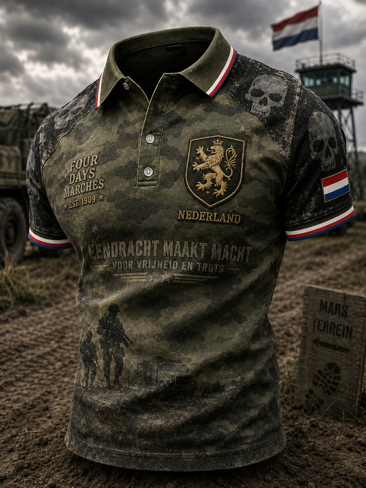 Herenpoloshirt met korte mouwen en vintageprint in militaire stijl