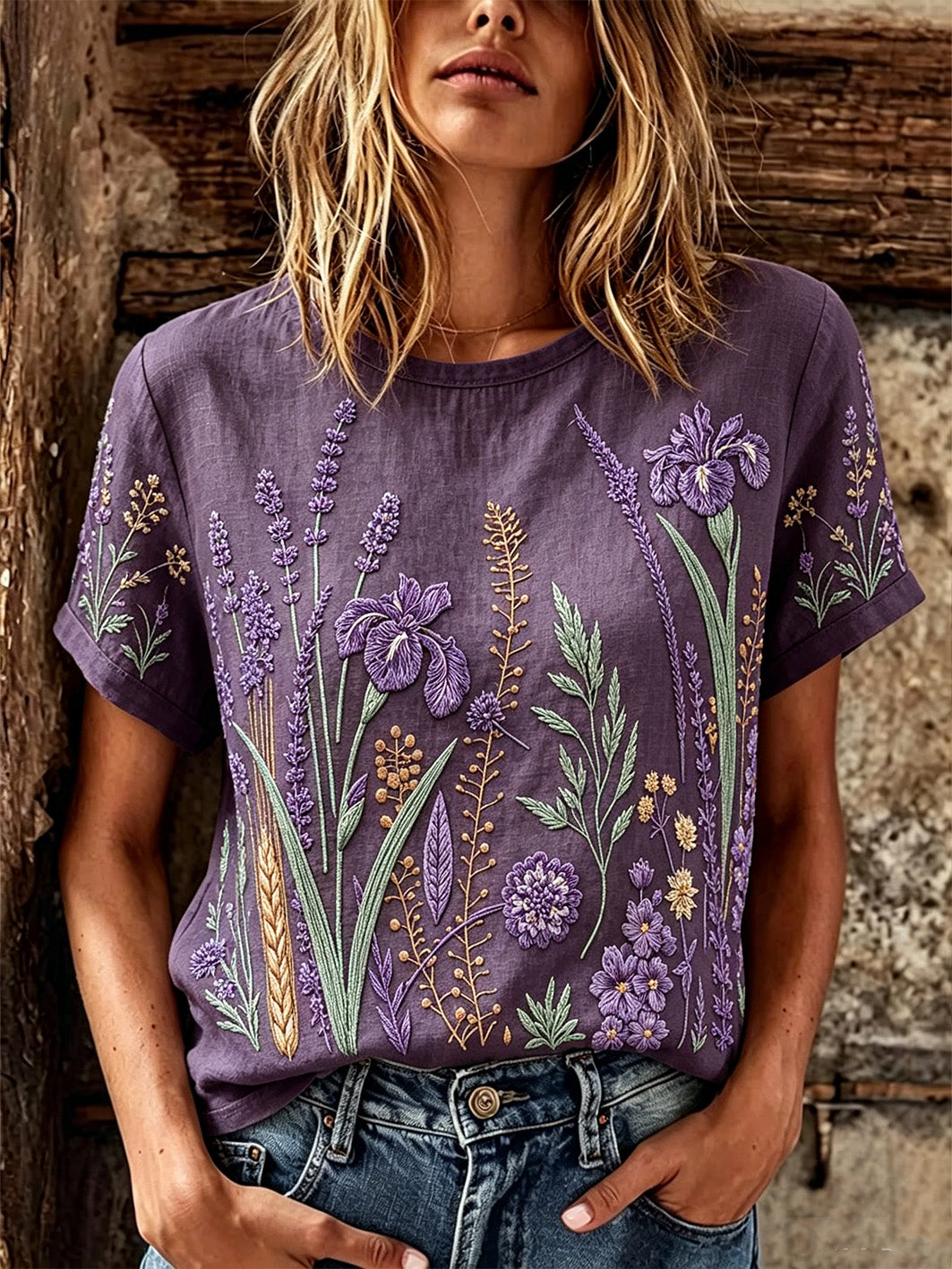 Dames paarse plant bloempatroon bedrukt casual linnen T-shirt met korte mouwen