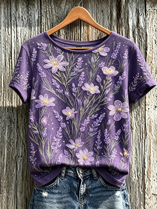 Paars t-shirt voor dames met planten- en bloemenpatroon, casual, korte mouwen