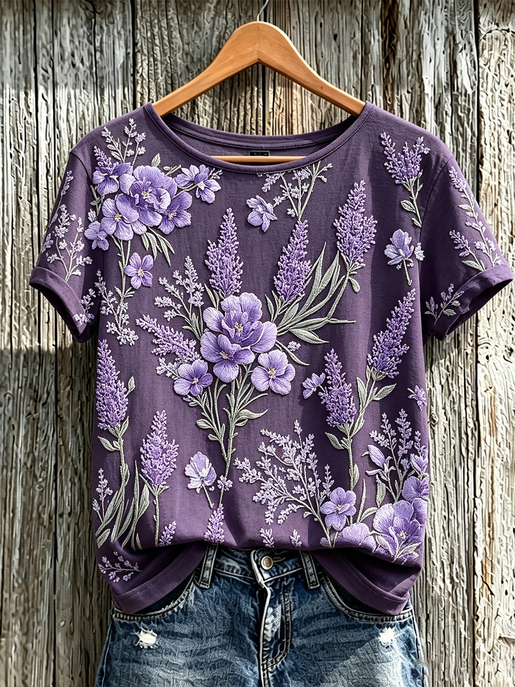 Paars t-shirt voor dames met planten- en bloemenpatroon, casual, korte mouwen