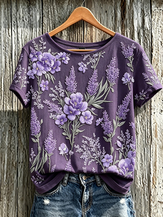 Paars t-shirt voor dames met planten- en bloemenpatroon, casual, korte mouwen