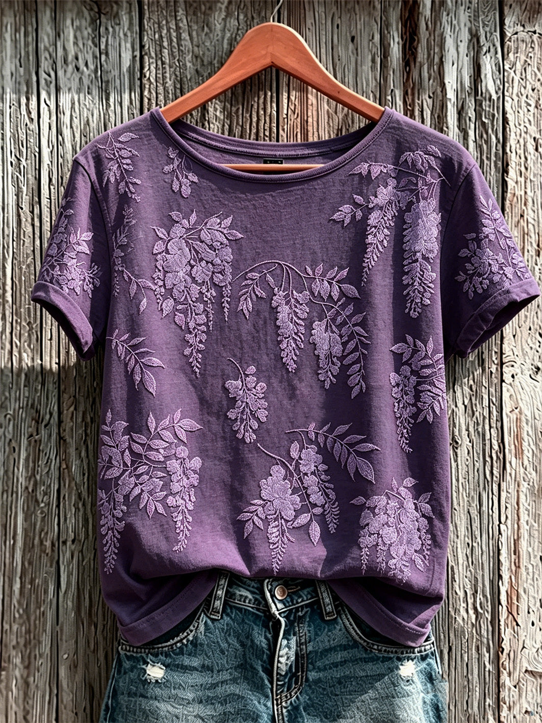 Paars t-shirt voor dames met planten- en bloemenpatroon, casual, korte mouwen