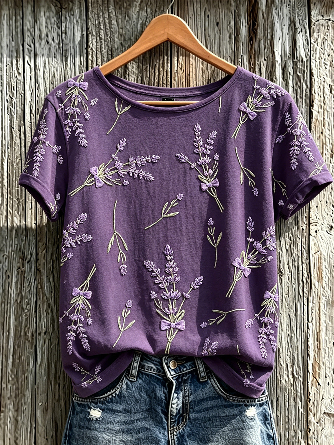 Paars t-shirt voor dames met planten- en bloemenpatroon, casual, korte mouwen