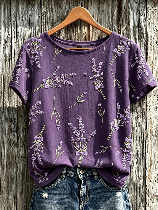 Paars t-shirt voor dames met planten- en bloemenpatroon, casual, korte mouwen